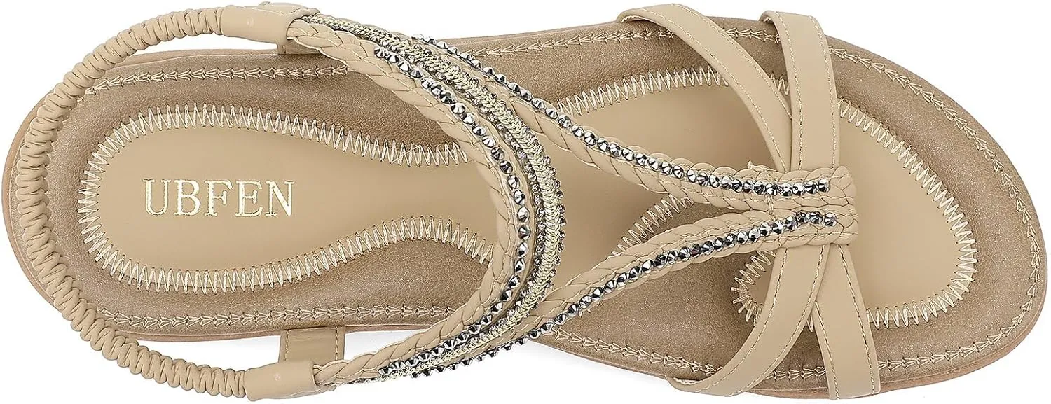 UBFEN Womens Bohemian Flat Sandals With Back Strap Summer Beach Comfortable Bling