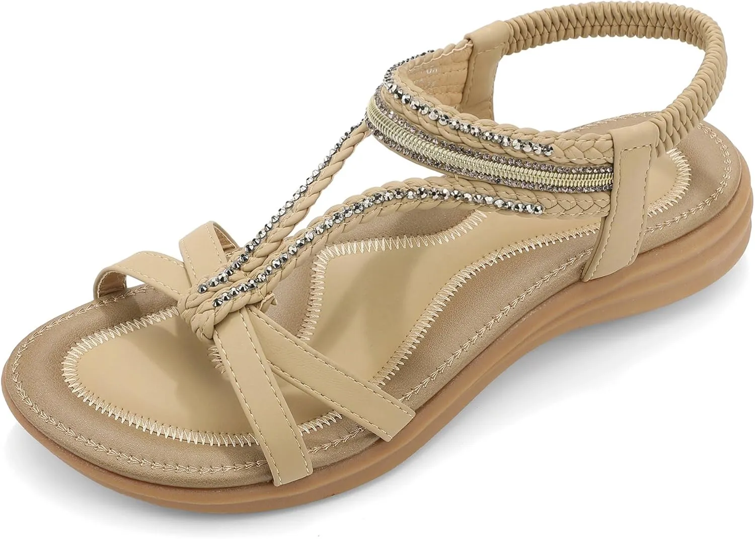 UBFEN Womens Bohemian Flat Sandals With Back Strap Summer Beach Comfortable Bling