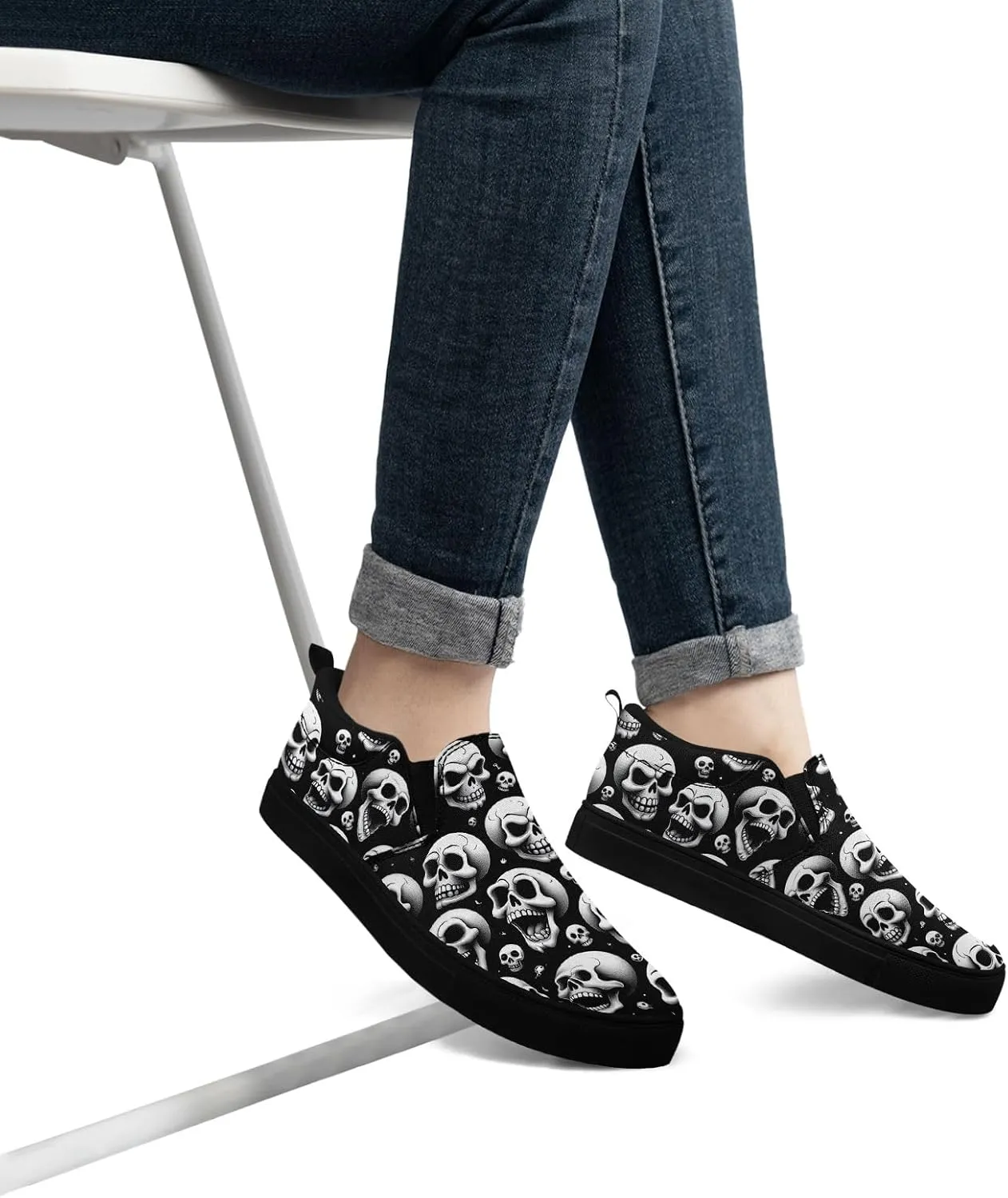Unisex Skull Slip on Shoes Canvas Sneakers Low Top Casual Shoes Comfortable Non Slip Loafers