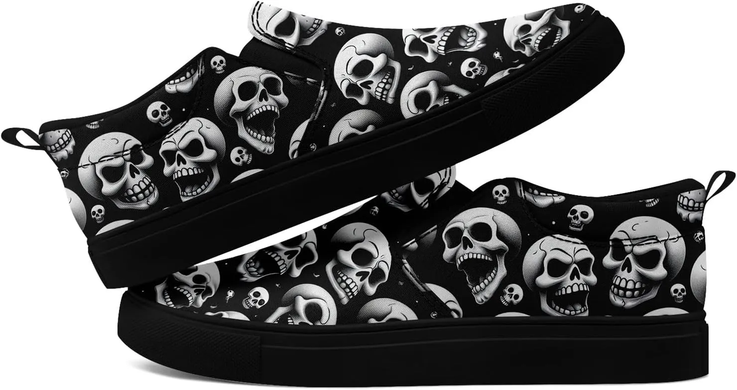 Unisex Skull Slip on Shoes Canvas Sneakers Low Top Casual Shoes Comfortable Non Slip Loafers