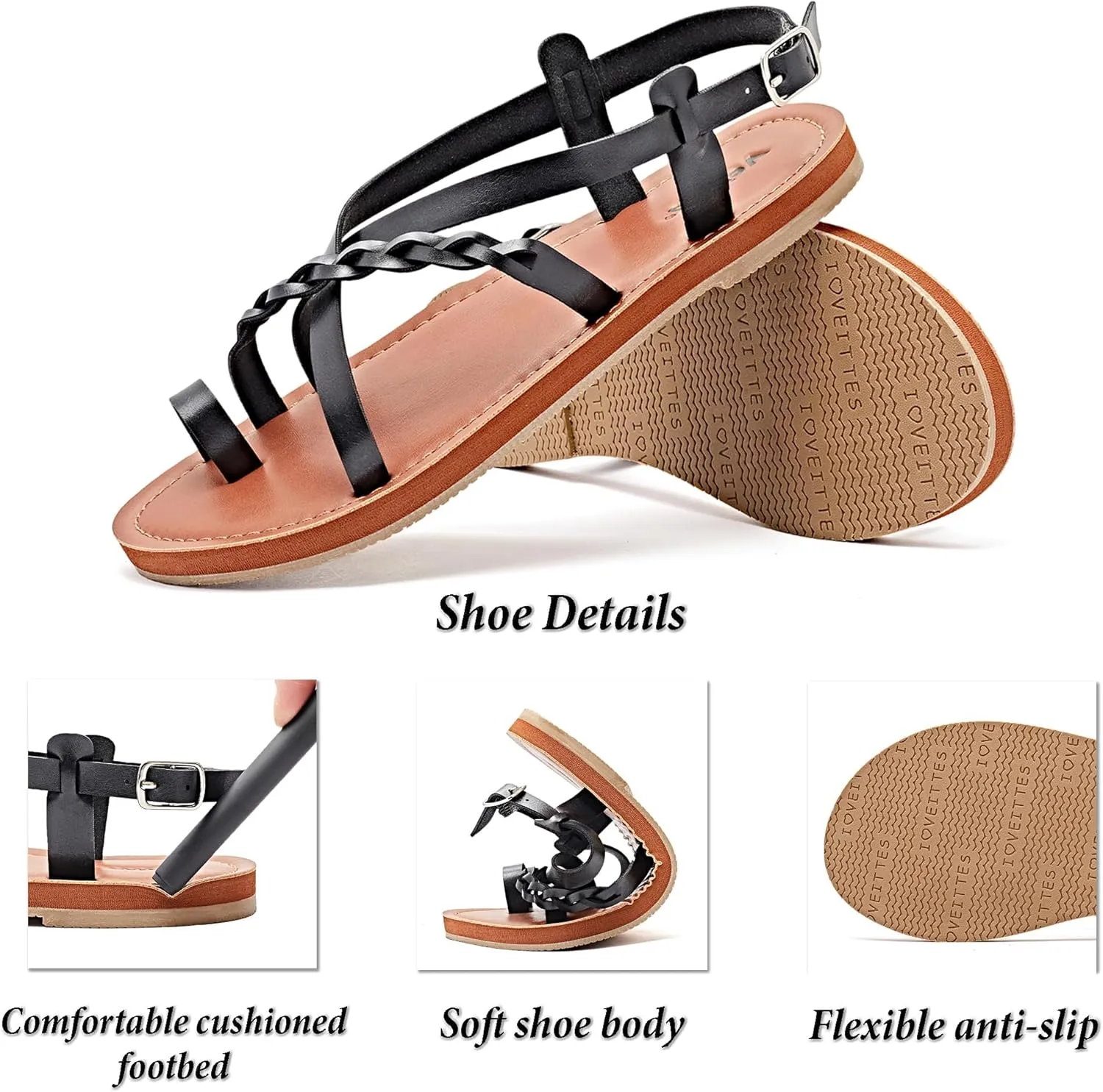 Veittes Women's Flat Sandals - Casual Cute Criss Cross Strappy Flat Summer Shoes.