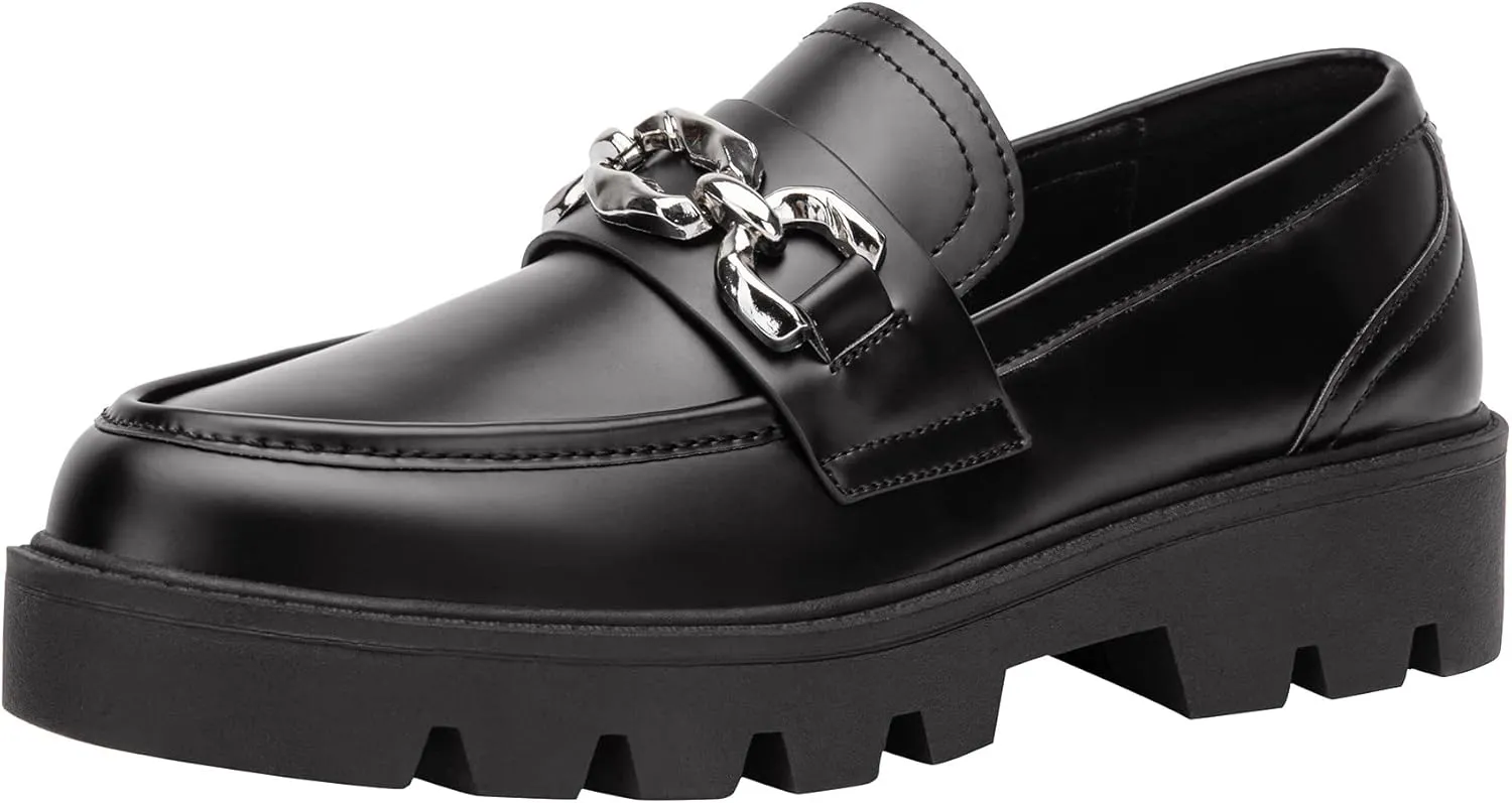 Vepose Women's 8081 Platform Casual Loafers, Black Round Toe Slip On Loafers Shoes