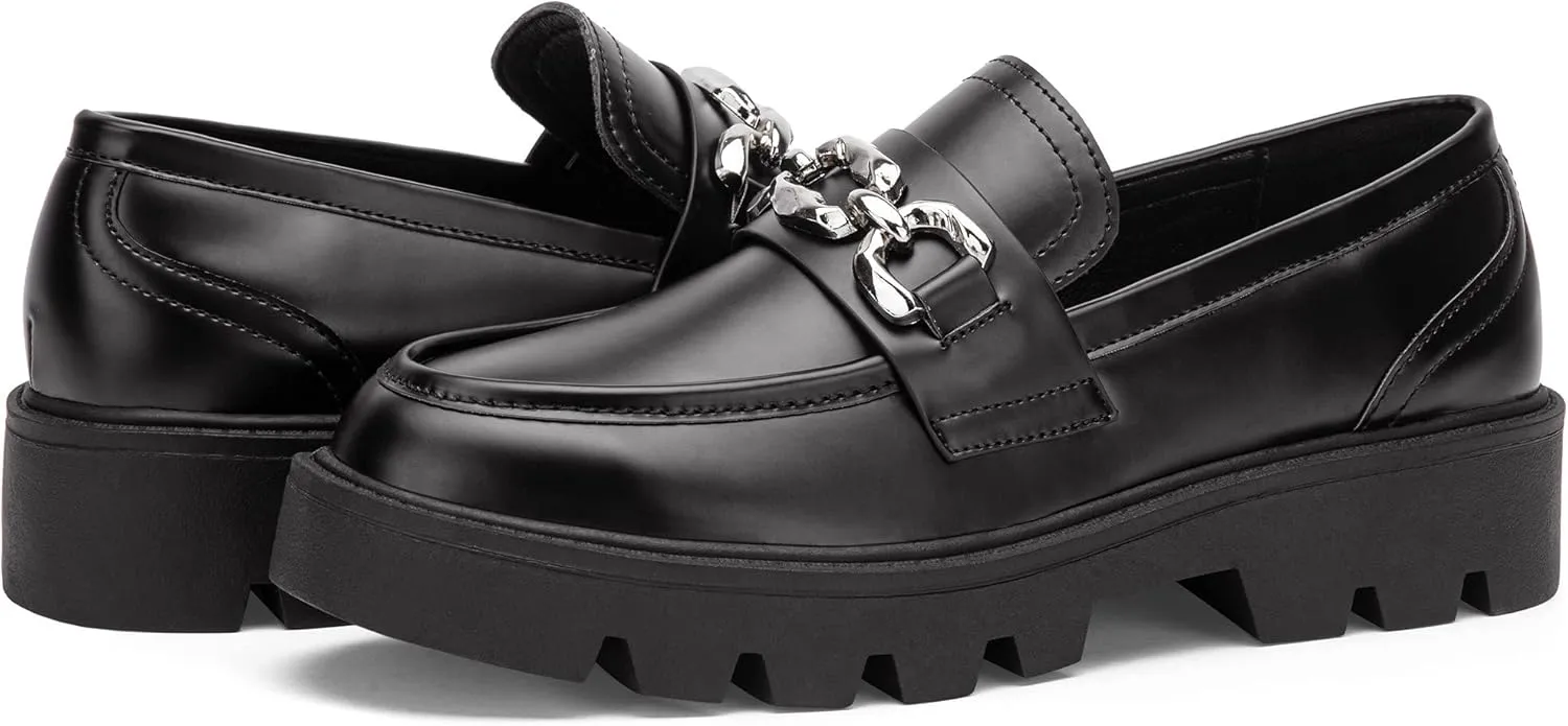 Vepose Women's 8081 Platform Casual Loafers, Black Round Toe Slip On Loafers Shoes