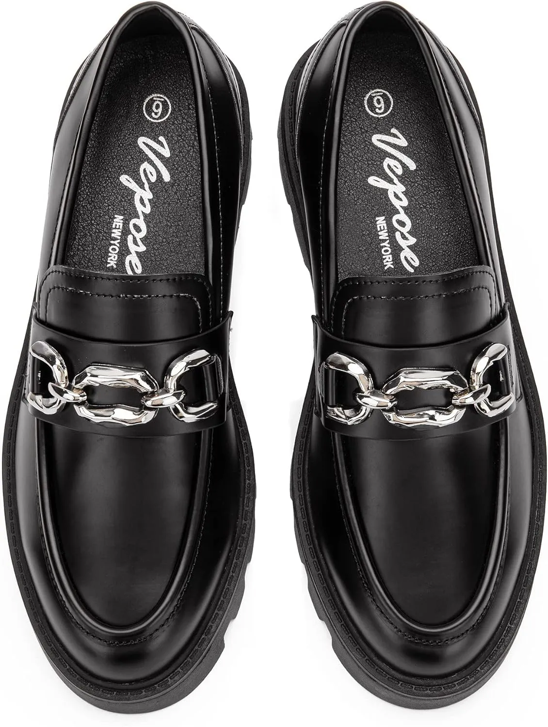 Vepose Women's 8081 Platform Casual Loafers, Black Round Toe Slip On Loafers Shoes