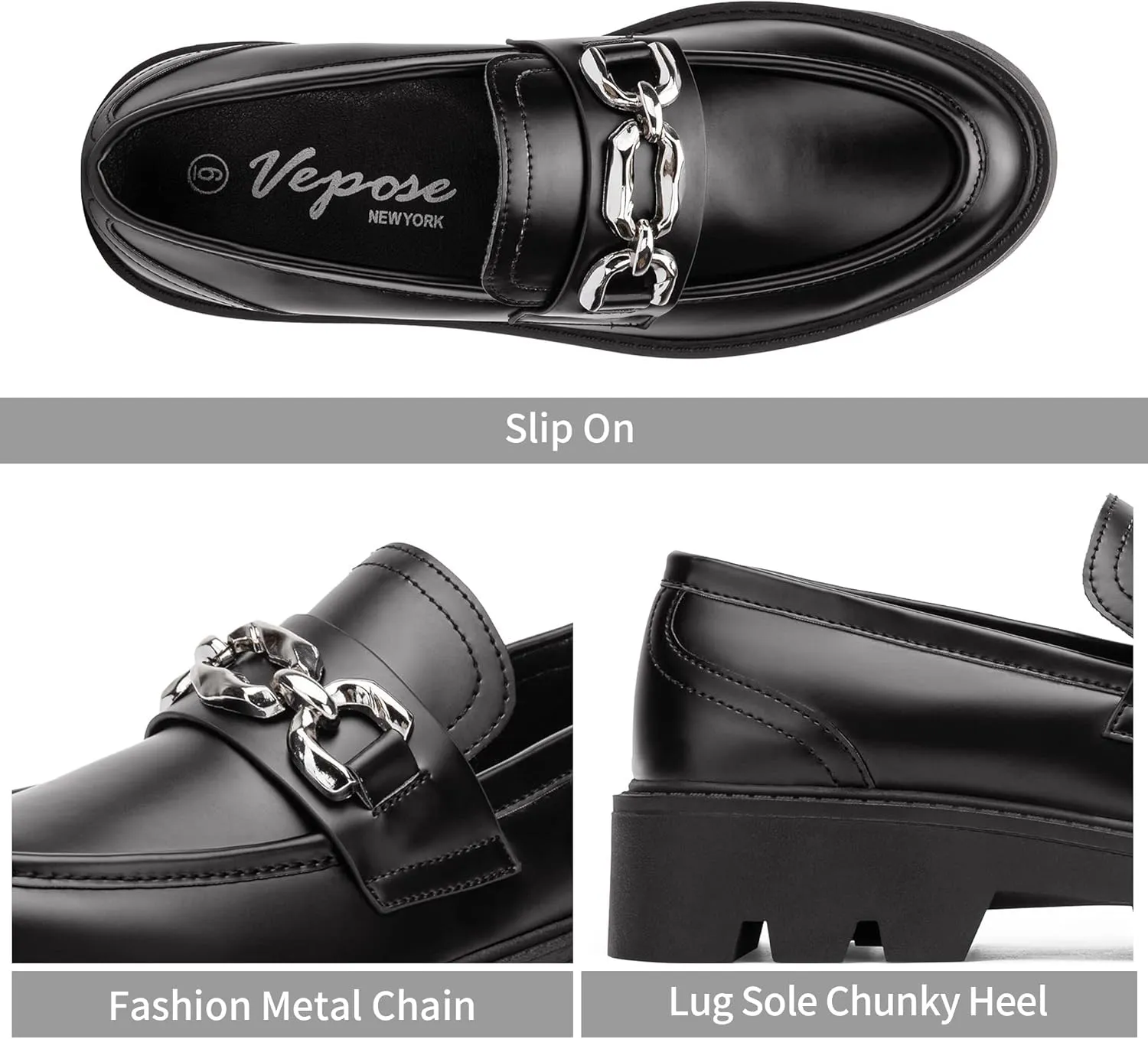 Vepose Women's 8081 Platform Casual Loafers, Black Round Toe Slip On Loafers Shoes