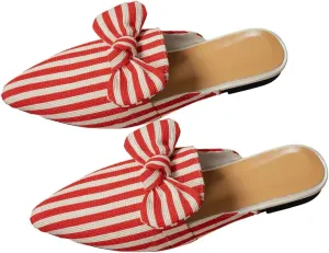 Verdusa Women's Bow Striped Pointed Toe Mule Shoes PU Leather Backless Slip on Slide Flats