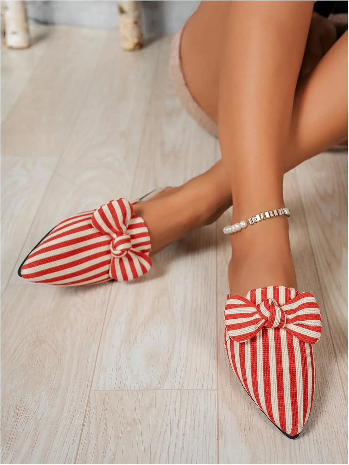 Verdusa Women's Bow Striped Pointed Toe Mule Shoes PU Leather Backless Slip on Slide Flats