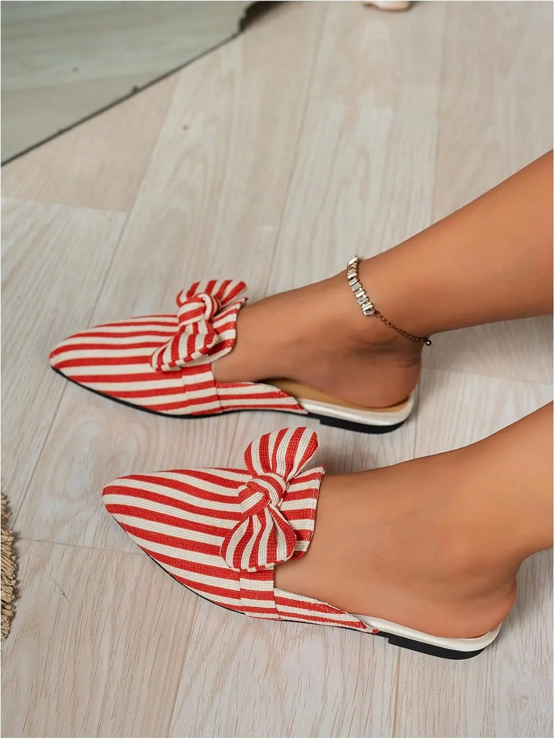 Verdusa Women's Bow Striped Pointed Toe Mule Shoes PU Leather Backless Slip on Slide Flats