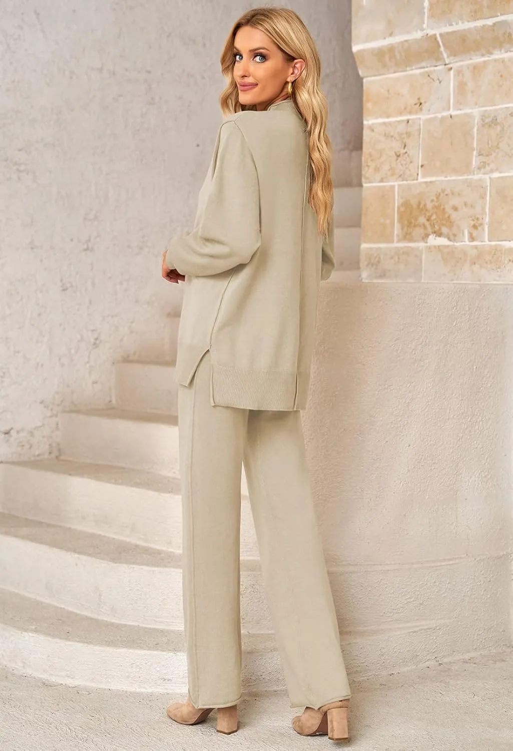 Viottiset Women's 2 Piece Outfits Sweater Set Wide Leg Pants High Neck Sweatsuit Loungewear