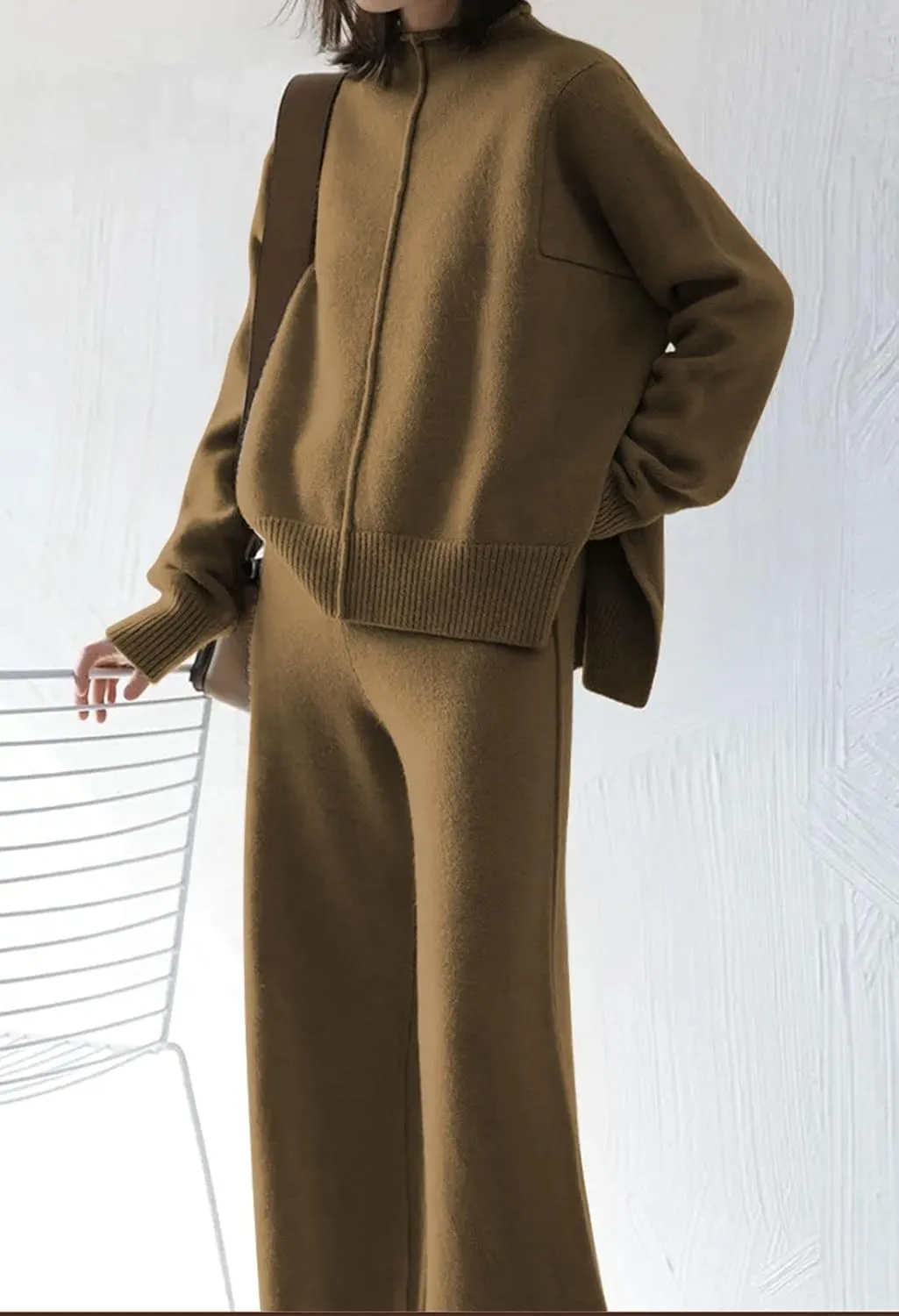 Viottiset Women's 2 Piece Outfits Sweater Set Wide Leg Pants High Neck Sweatsuit Loungewear