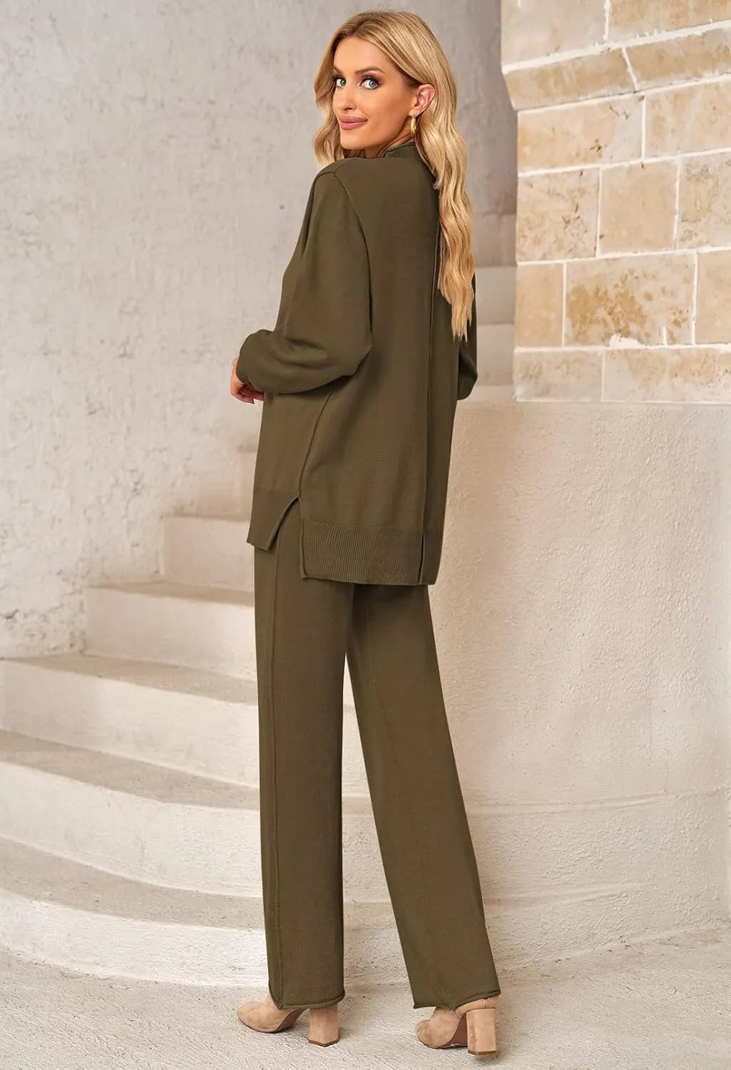 Viottiset Women's 2 Piece Outfits Sweater Set Wide Leg Pants High Neck Sweatsuit Loungewear