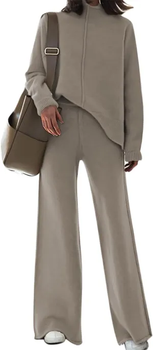 Viottiset Women's 2 Piece Outfits Sweater Set Wide Leg Pants High Neck Sweatsuit Loungewear
