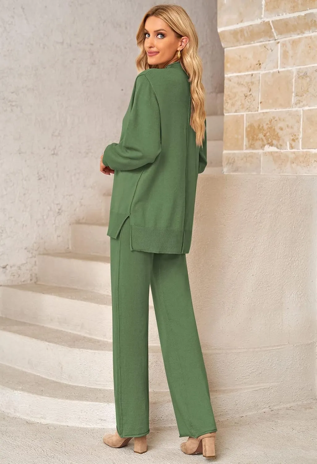 Viottiset Women's 2 Piece Outfits Sweater Set Wide Leg Pants High Neck Sweatsuit Loungewear