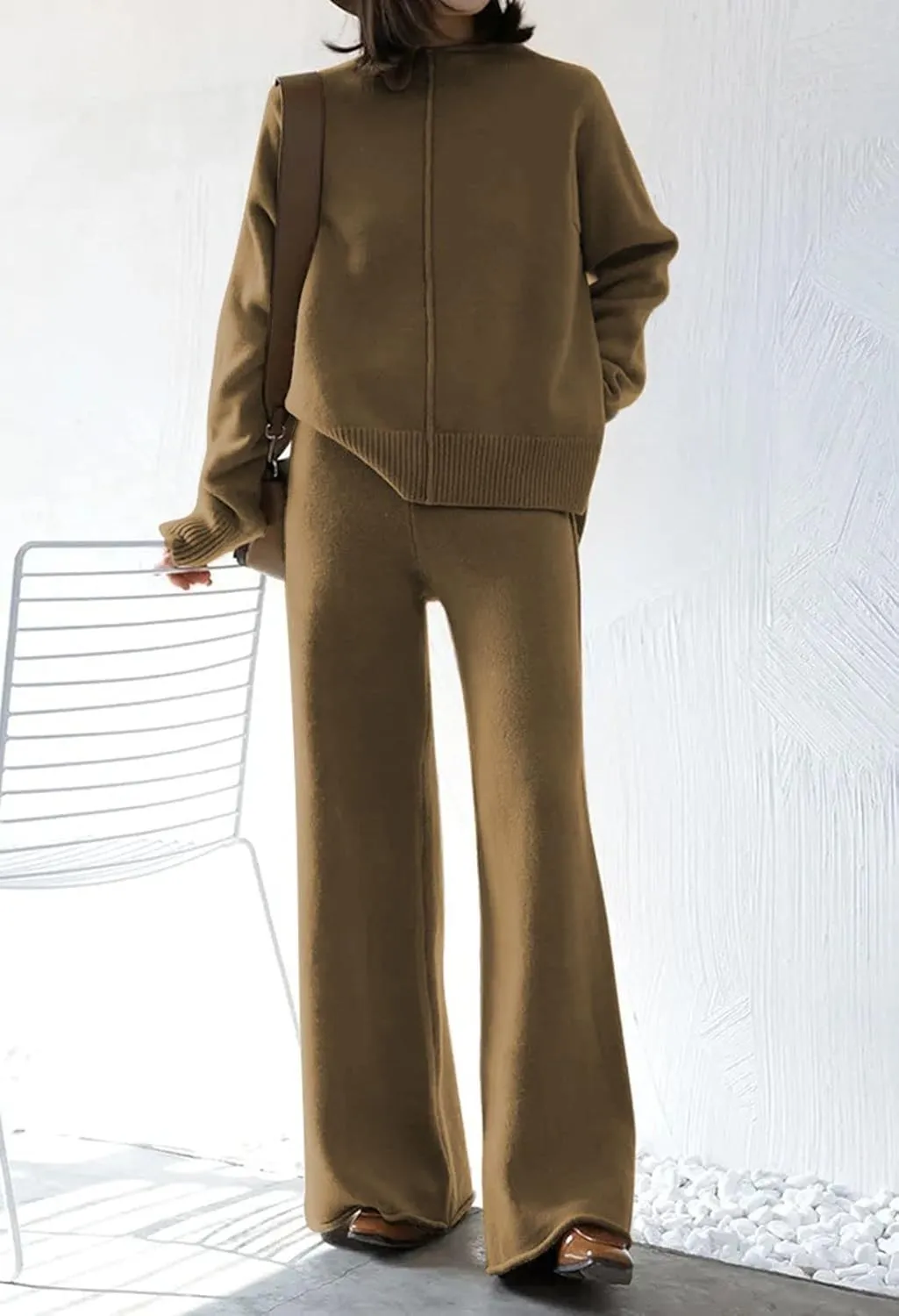 Viottiset Women's 2 Piece Outfits Sweater Set Wide Leg Pants High Neck Sweatsuit Loungewear