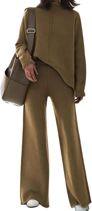 Viottiset Women's 2 Piece Outfits Sweater Set Wide Leg Pants High Neck Sweatsuit Loungewear