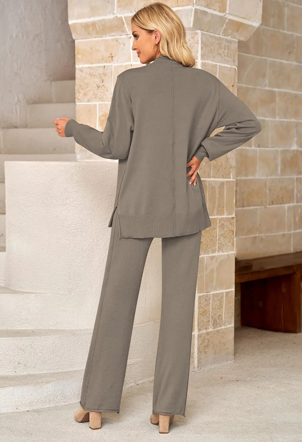 Viottiset Women's 2 Piece Outfits Sweater Set Wide Leg Pants High Neck Sweatsuit Loungewear
