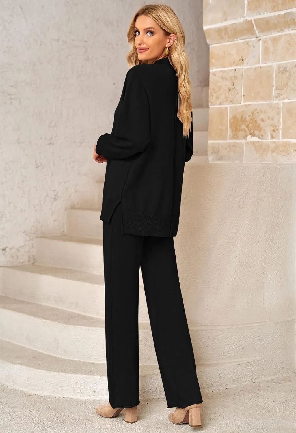 Viottiset Women's 2 Piece Outfits Sweater Set Wide Leg Pants High Neck Sweatsuit Loungewear