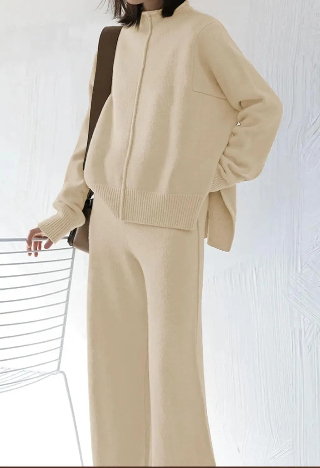 Viottiset Women's 2 Piece Outfits Sweater Set Wide Leg Pants High Neck Sweatsuit Loungewear