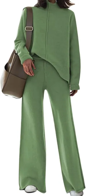 Viottiset Women's 2 Piece Outfits Sweater Set Wide Leg Pants High Neck Sweatsuit Loungewear