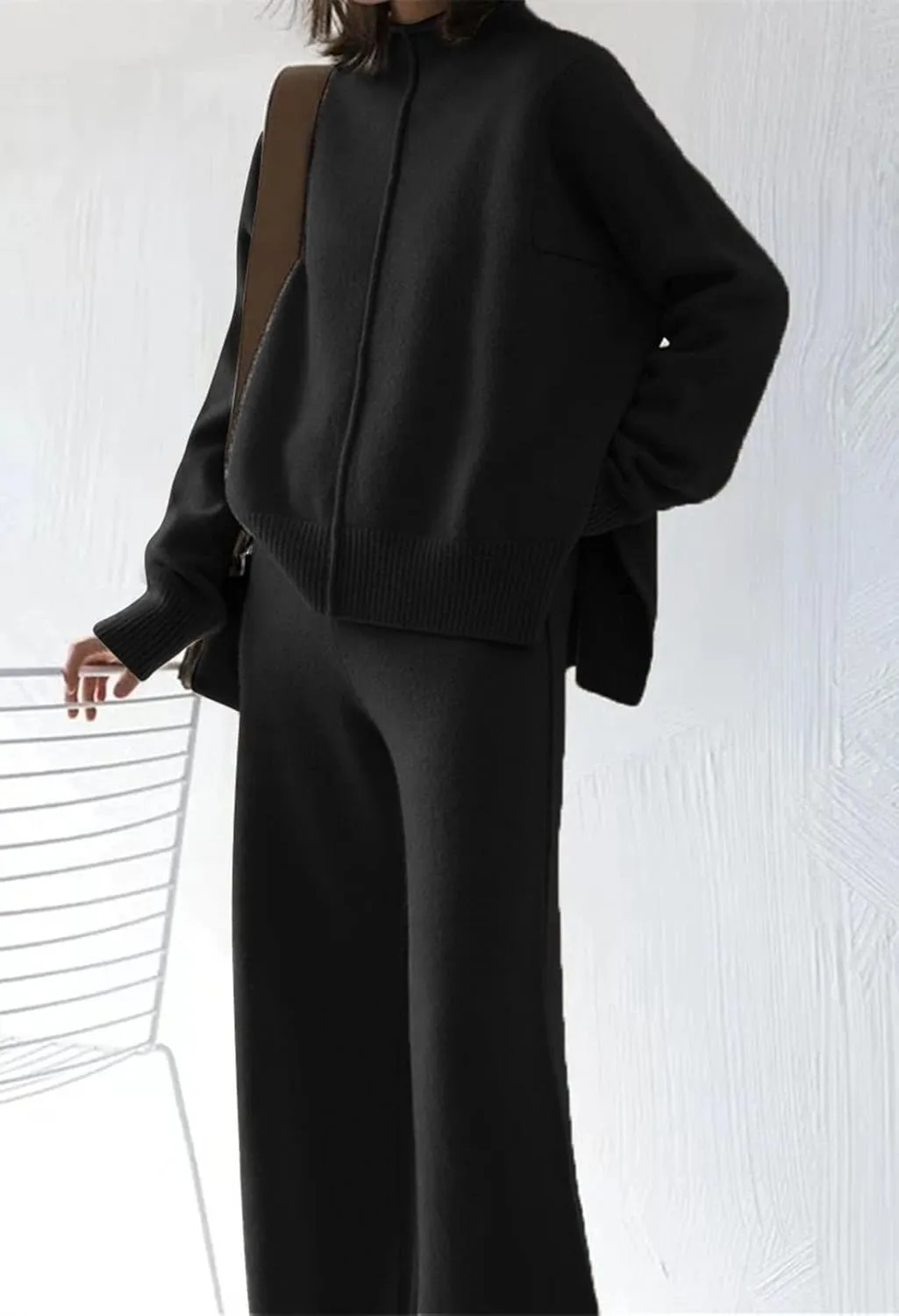 Viottiset Women's 2 Piece Outfits Sweater Set Wide Leg Pants High Neck Sweatsuit Loungewear