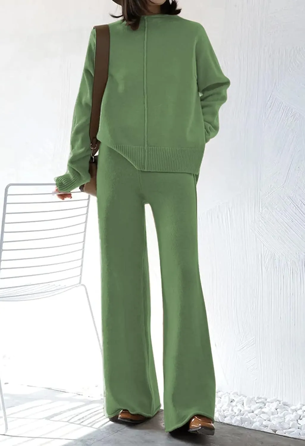 Viottiset Women's 2 Piece Outfits Sweater Set Wide Leg Pants High Neck Sweatsuit Loungewear