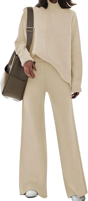 Viottiset Women's 2 Piece Outfits Sweater Set Wide Leg Pants High Neck Sweatsuit Loungewear
