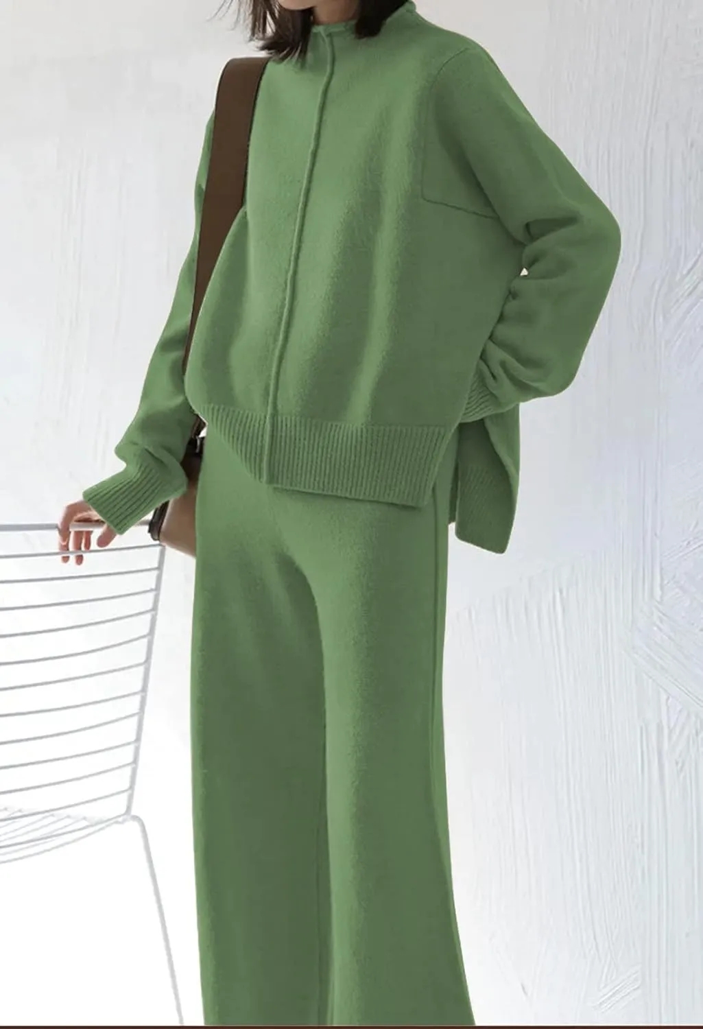 Viottiset Women's 2 Piece Outfits Sweater Set Wide Leg Pants High Neck Sweatsuit Loungewear