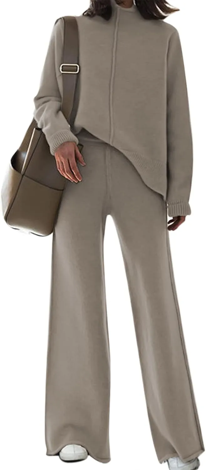 Viottiset Women's 2 Piece Outfits Sweater Set Wide Leg Pants High Neck Sweatsuit Loungewear
