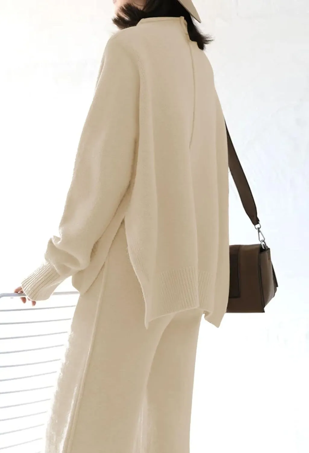 Viottiset Women's 2 Piece Outfits Sweater Set Wide Leg Pants High Neck Sweatsuit Loungewear