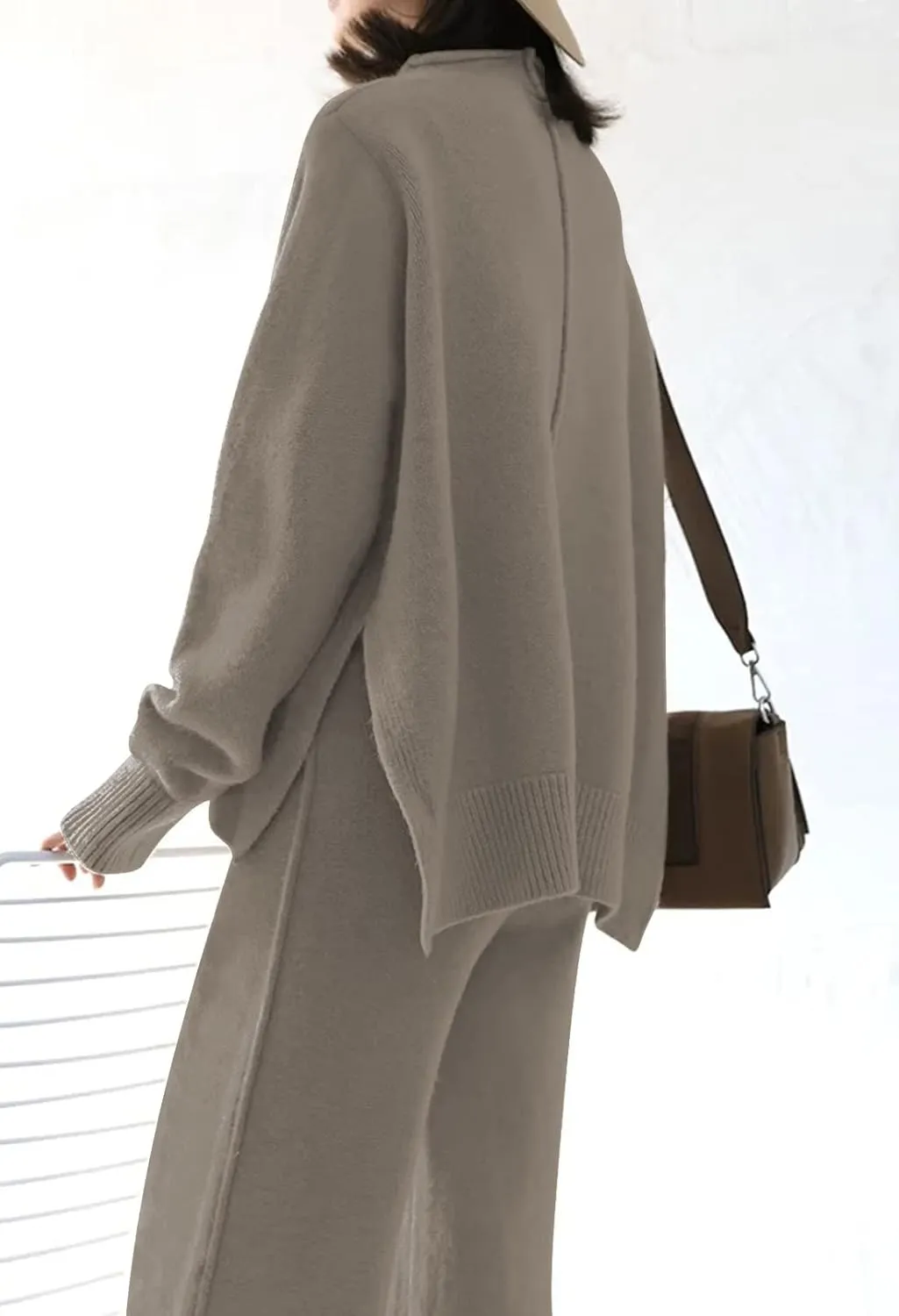Viottiset Women's 2 Piece Outfits Sweater Set Wide Leg Pants High Neck Sweatsuit Loungewear