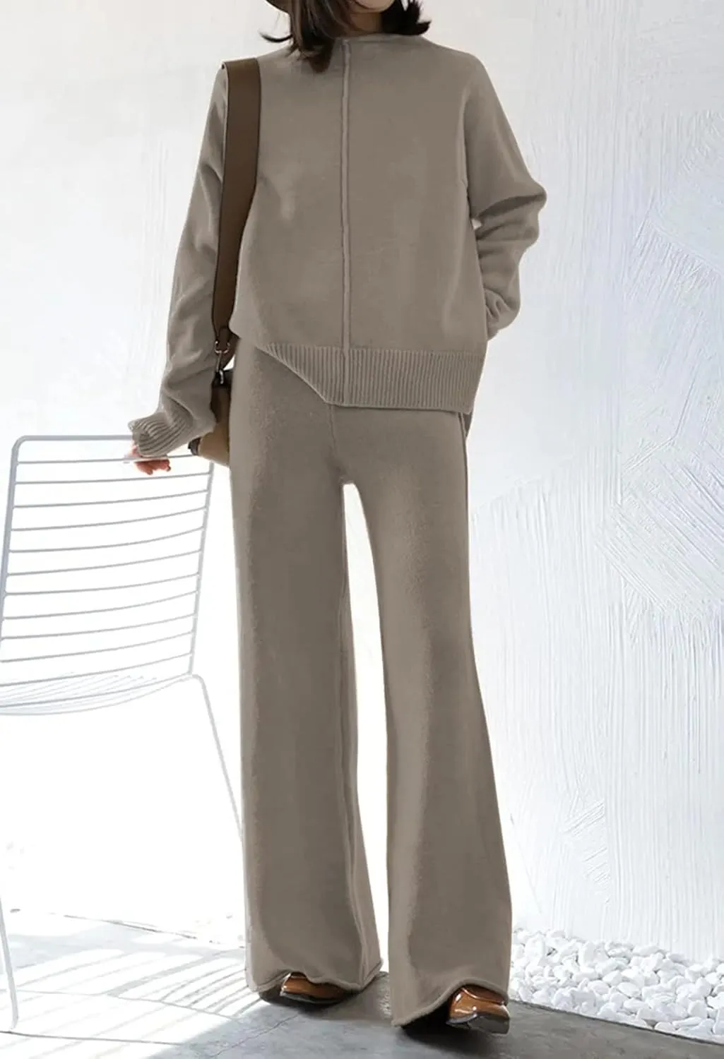 Viottiset Women's 2 Piece Outfits Sweater Set Wide Leg Pants High Neck Sweatsuit Loungewear