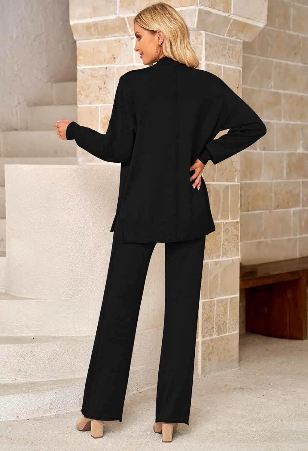 Viottiset Women's 2 Piece Outfits Sweater Set Wide Leg Pants High Neck Sweatsuit Loungewear