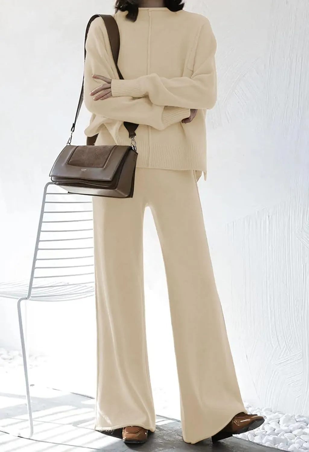 Viottiset Women's 2 Piece Outfits Sweater Set Wide Leg Pants High Neck Sweatsuit Loungewear