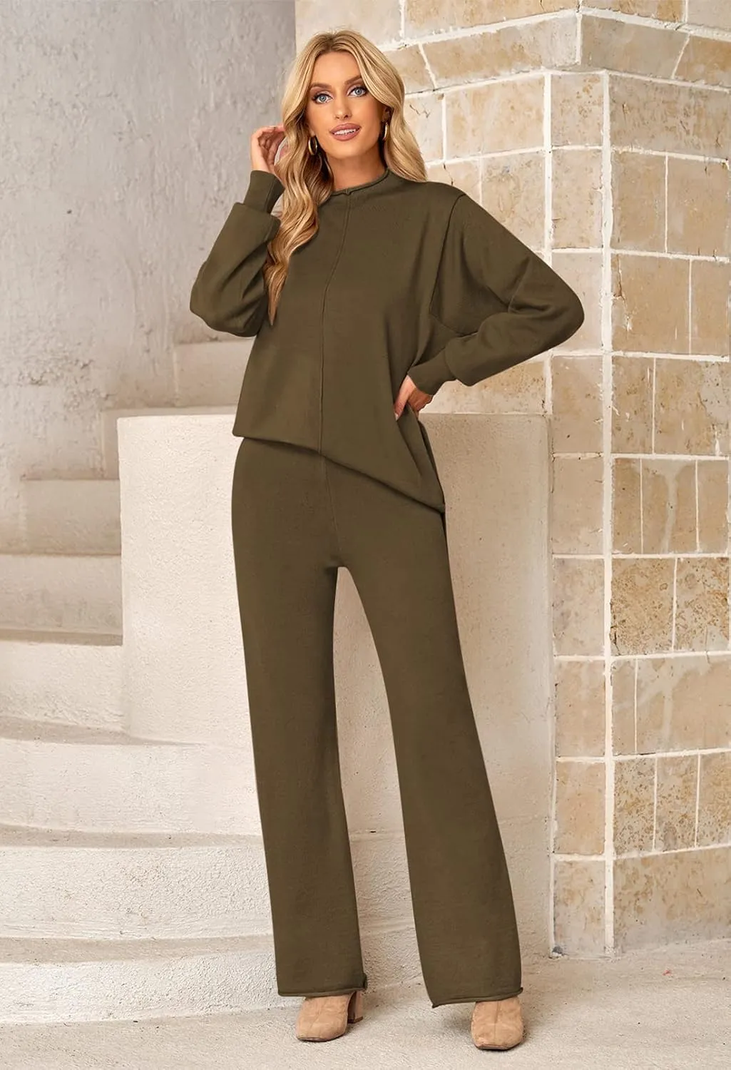 Viottiset Women's 2 Piece Outfits Sweater Set Wide Leg Pants High Neck Sweatsuit Loungewear