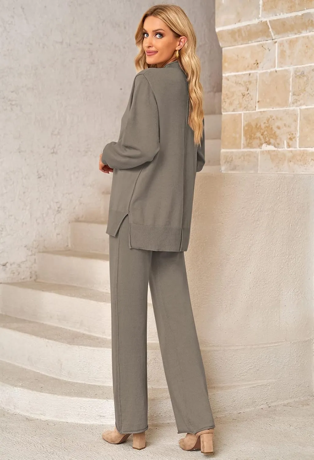 Viottiset Women's 2 Piece Outfits Sweater Set Wide Leg Pants High Neck Sweatsuit Loungewear