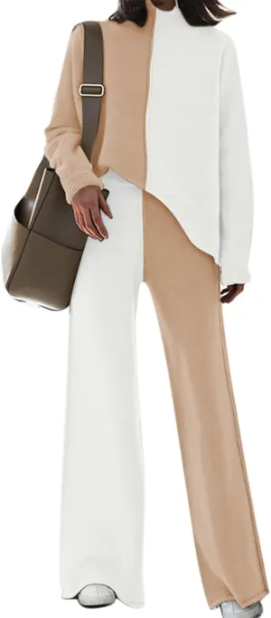 Viottiset Women's 2 Piece Outfits Sweater Set Wide Leg Pants High Neck Sweatsuit Loungewear