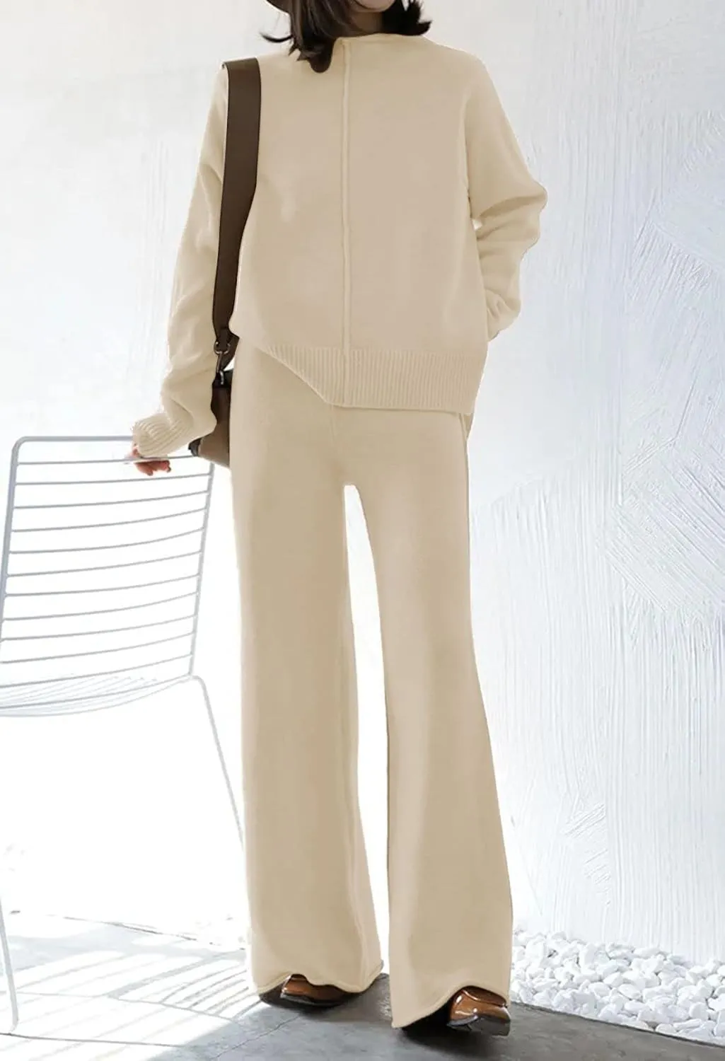 Viottiset Women's 2 Piece Outfits Sweater Set Wide Leg Pants High Neck Sweatsuit Loungewear