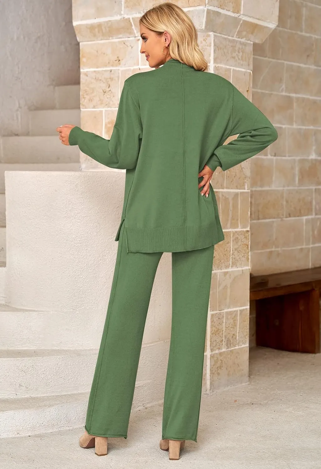 Viottiset Women's 2 Piece Outfits Sweater Set Wide Leg Pants High Neck Sweatsuit Loungewear