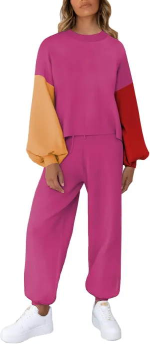 Viottiset Women's 2 Piece Outfits Sweatsuit Casual Knit Pullover Sweater Pajamas Lounge Set