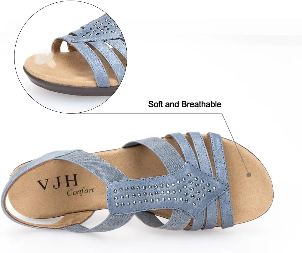 VJH confort Women's Flat Sandals, Comfort Elastic Slip-on Light Weight Slingback Casual Walking Sandals with Rhinestone