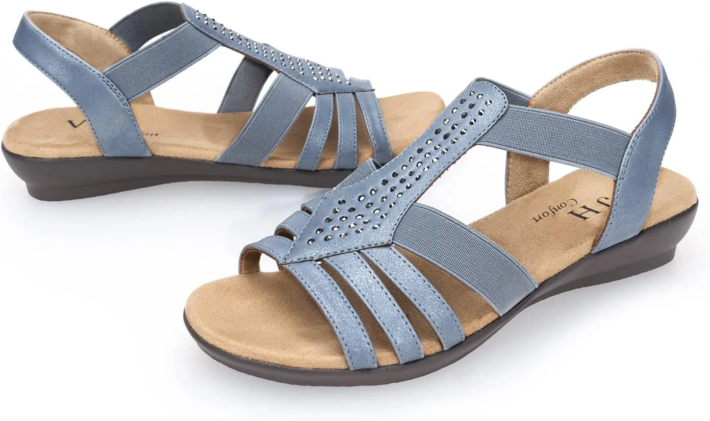 VJH confort Women's Flat Sandals, Comfort Elastic Slip-on Light Weight Slingback Casual Walking Sandals with Rhinestone