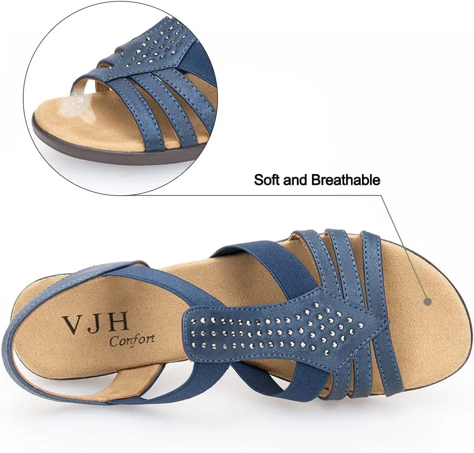 VJH confort Women's Flat Sandals, Comfort Elastic Slip-on Light Weight Slingback Casual Walking Sandals with Rhinestone