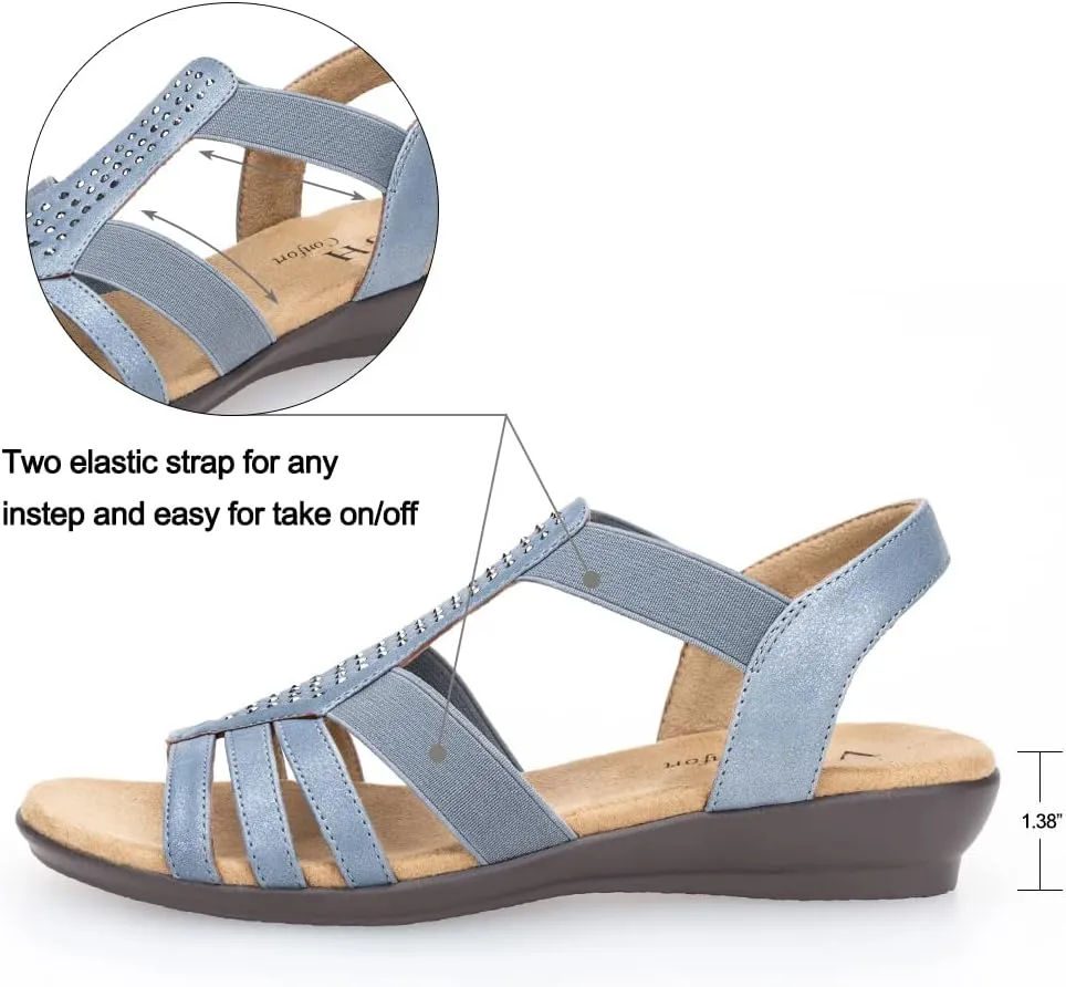 VJH confort Women's Flat Sandals, Comfort Elastic Slip-on Light Weight Slingback Casual Walking Sandals with Rhinestone