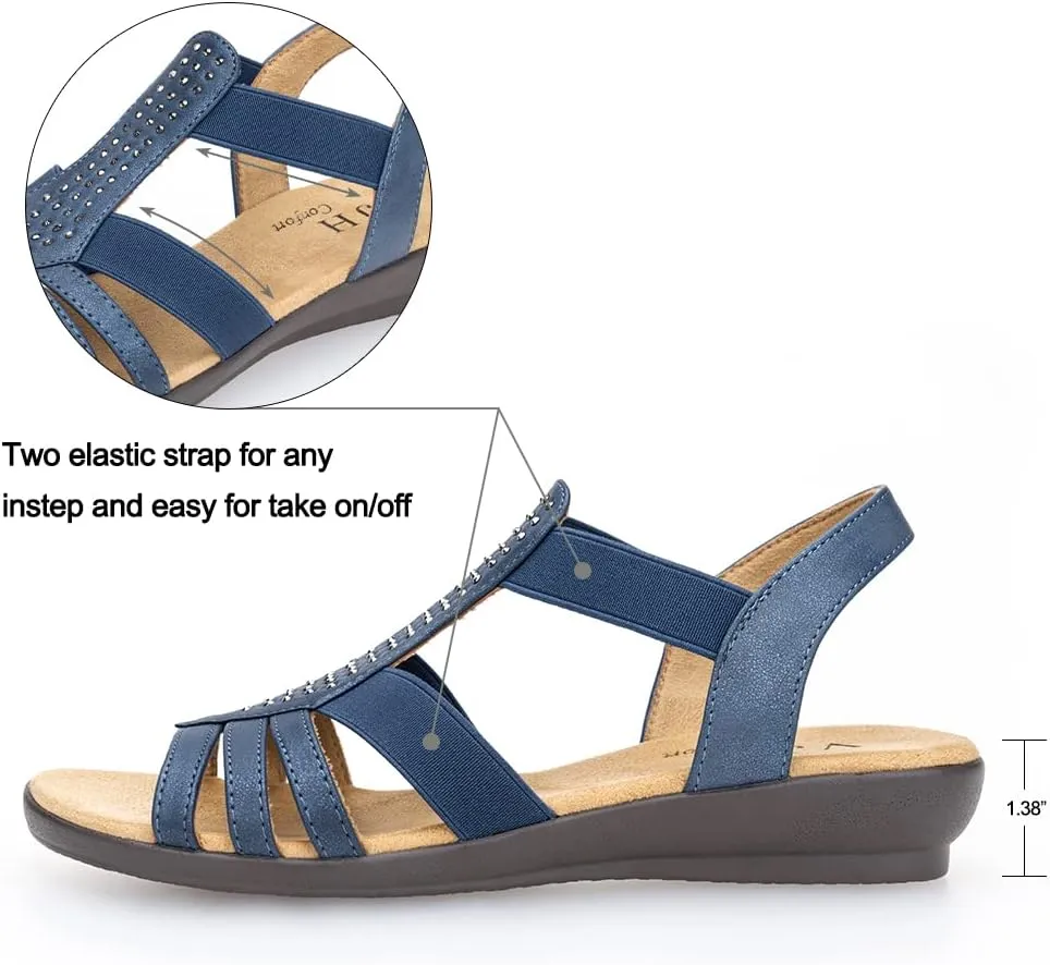VJH confort Women's Flat Sandals, Comfort Elastic Slip-on Light Weight Slingback Casual Walking Sandals with Rhinestone