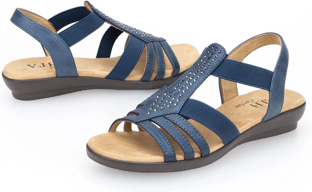 VJH confort Women's Flat Sandals, Comfort Elastic Slip-on Light Weight Slingback Casual Walking Sandals with Rhinestone