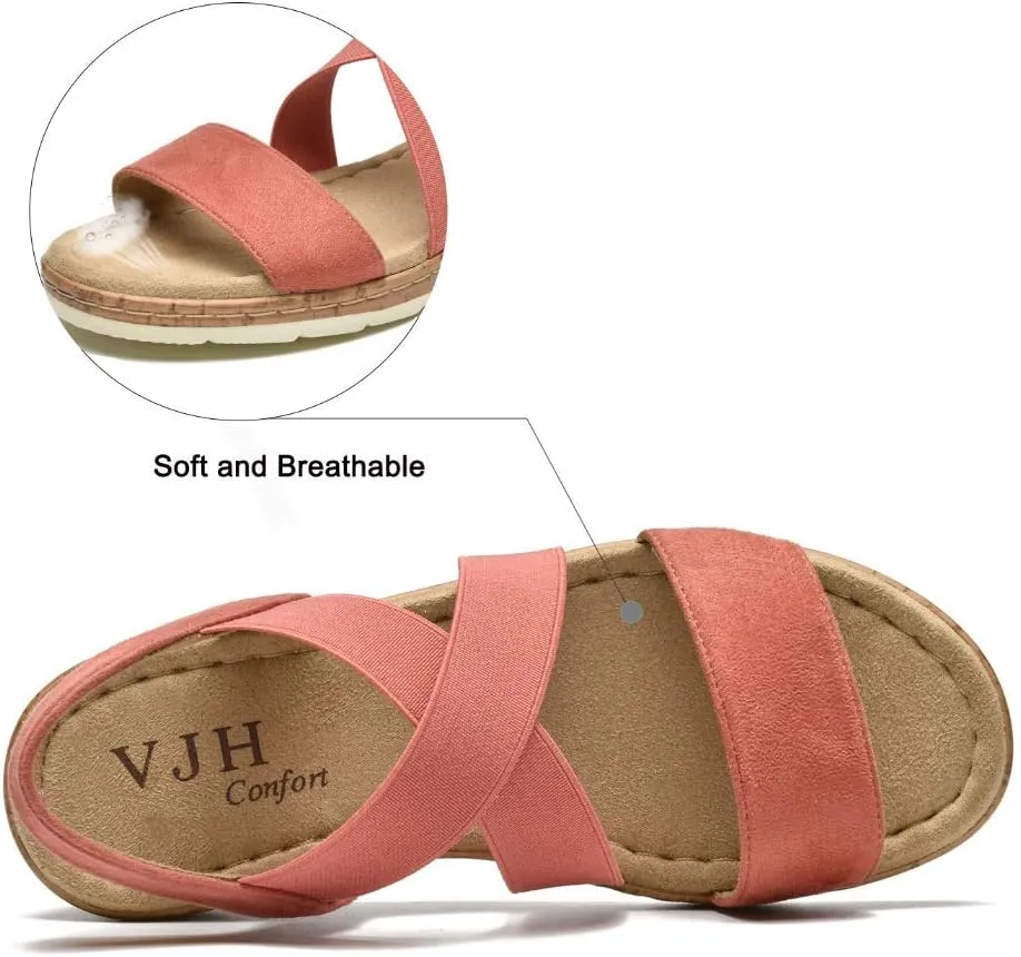 VJH confort Women's Flat sandals, Comfort Slip-on Elastic ankle strap Slingback Light Weight Casual Walking Sandals