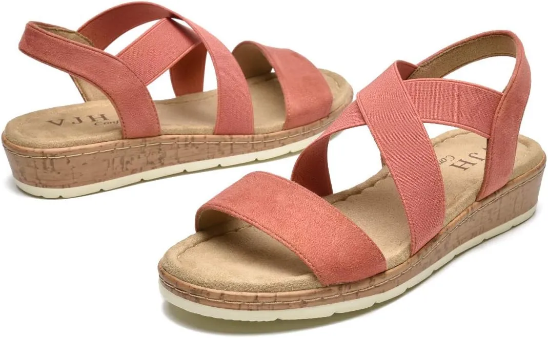 VJH confort Women's Flat sandals, Comfort Slip-on Elastic ankle strap Slingback Light Weight Casual Walking Sandals