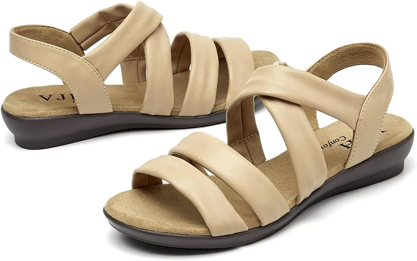 VJH confort Women’s Flat Sandals, Soft Straps Slip-on Open Toe Light Weight Elastic Slingback Comfort Casual Walking Sandals