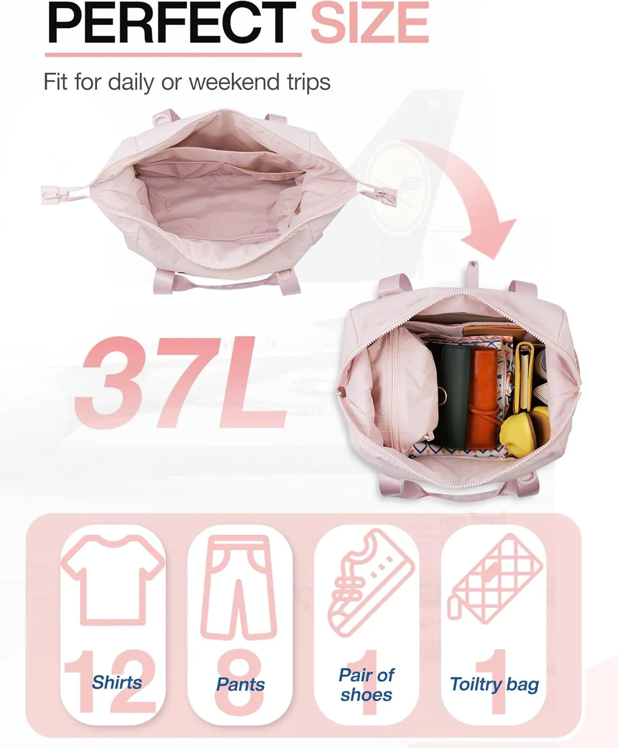 Weekender Bags for Women, BAGSMART Travel Duffel Bags with Shoe Compartment,Personal Item Travel Bag for Airlines, Carry on Overnight Tote Bag with Toiletry Bag (Pink)