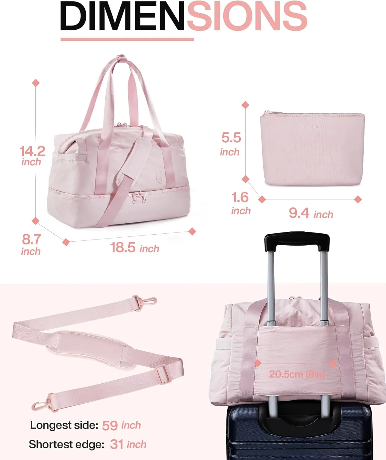Weekender Bags for Women, BAGSMART Travel Duffel Bags with Shoe Compartment,Personal Item Travel Bag for Airlines, Carry on Overnight Tote Bag with Toiletry Bag (Pink)